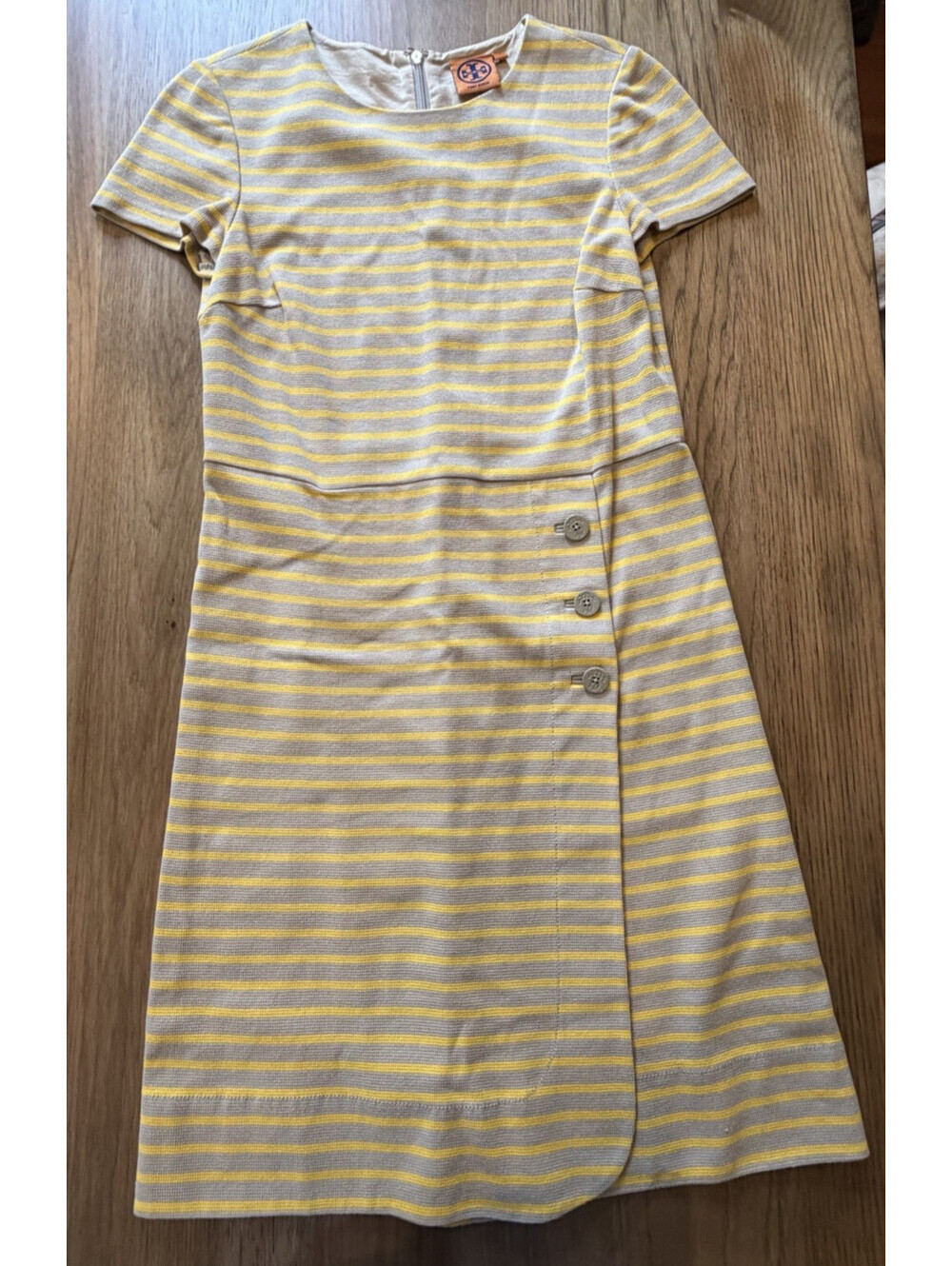 Tory Burch Kamilla Dress Womens S Yellow Tan Stripe Cotton Short Sleeve Retro